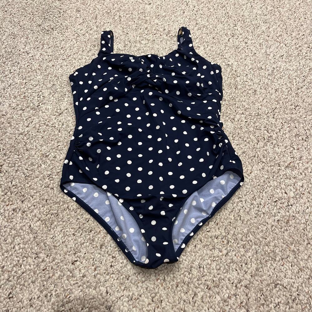 Lands End Women's One Piece Swimsuit Sz 16 Navy Polka Dots Beach Summer